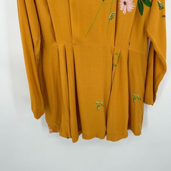 FREE PEOPLE Mustard Yellow Purple Floral Long Sleeve Open Back Mini Dress Large - Picture 6 of 9
